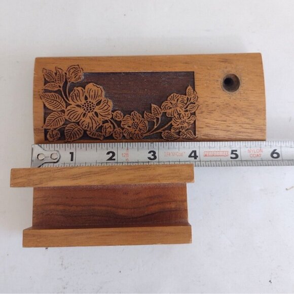 Vintage Laser Craft Engraved Walnut Envelope Card Pen Desk Holder Tree Floral - Picture 10 of 11